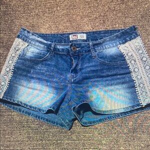 Blue Denim Shorts with Lace Trim